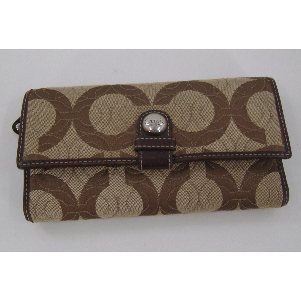 Coach Optic Signature Canvas Checkbook Wallet Khaki Mahogany Brown Trifold